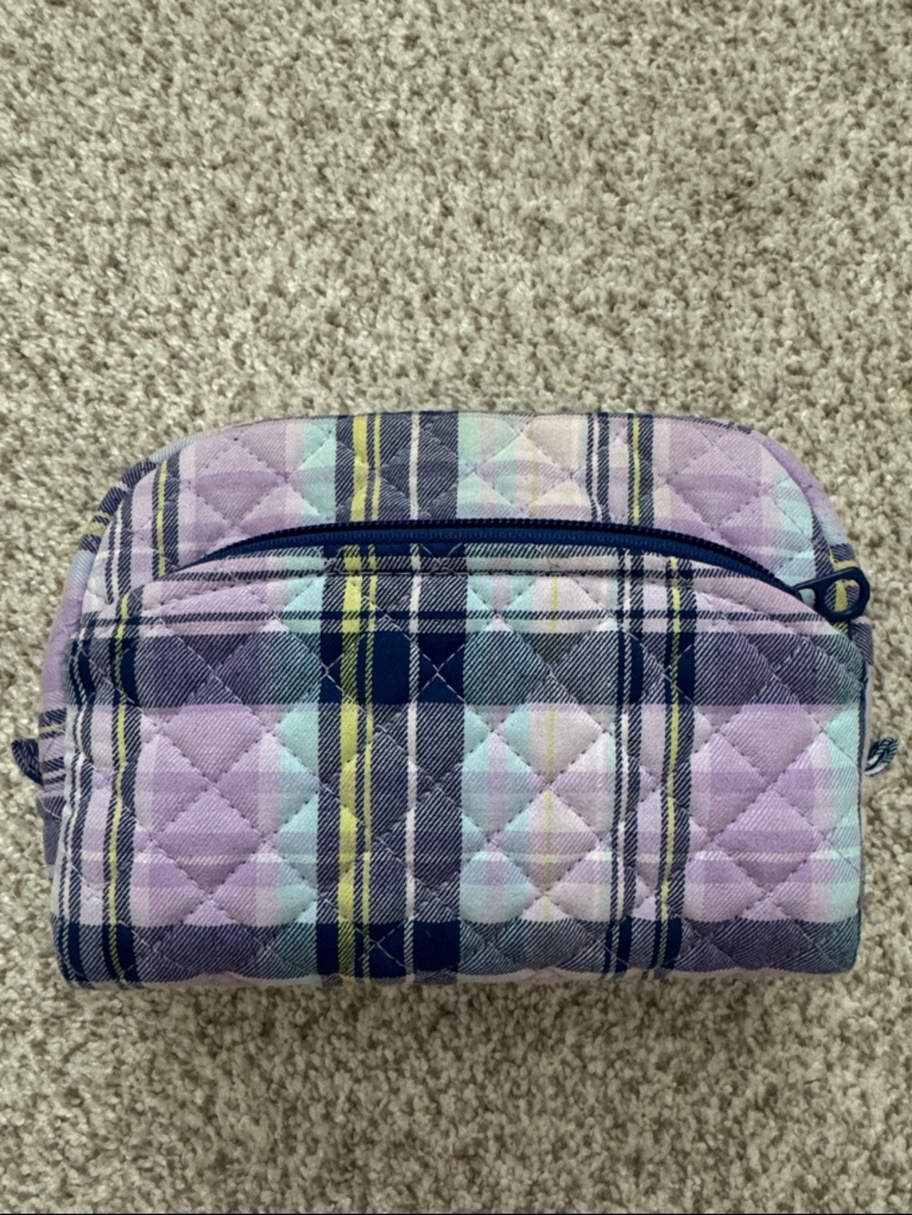 Vera Bradley Lavender and Navy Plaid Medium Cosmetic Bag.